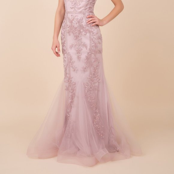 NEW OFF SHOULDER SLEEVELESS MERMAID EMBROIDERED DRESS WITH ZIPPER BACK NX H294 - Picture 5 of 8